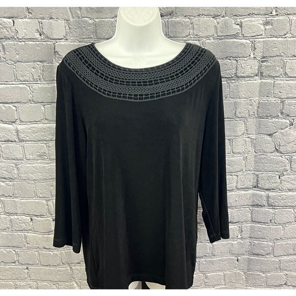 Chico's Tops - Chico's Travelers Slinky Crochet Neck Trim Top 3/4 Sleeve Size 2 L 12 NWT